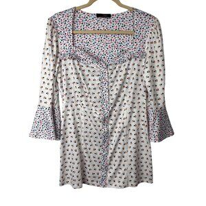 Suzanne Betro S Floral Print Bell Sleeve Button-Front Sweetheart Neckline Tunic